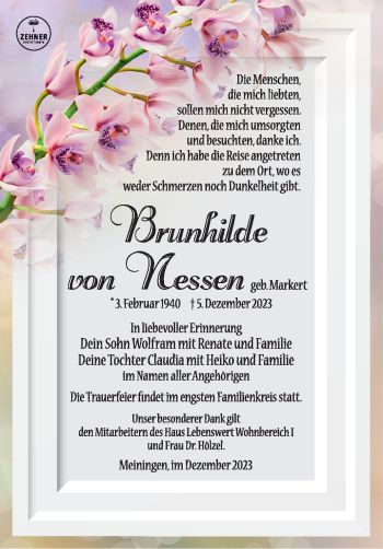 Traueranzeige von Brunhilde von Nessen von Südthüringer Presse