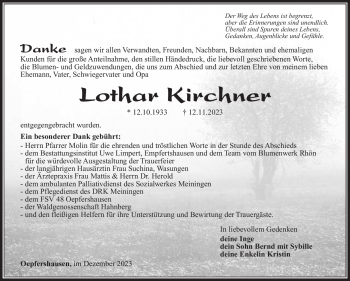Traueranzeige von Lothar Kirchner von Südthüringer Presse