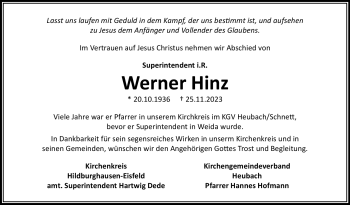 Traueranzeige von Werner Hinz von Südthüringer Presse