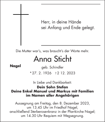 Traueranzeige von Anna Sticht von Frankenpost