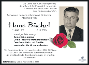 Traueranzeige von Hans Büchel von Südthüringer Presse