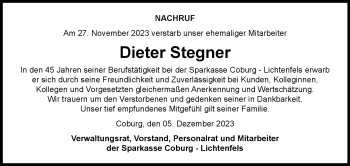 Traueranzeige von Dieter Stegner von Neue Presse Coburg