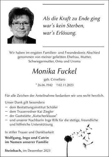 Traueranzeige von Monika Fuckel von Südthüringer Presse
