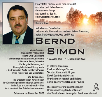 Traueranzeige von Bernd Simon von Südthüringer Presse