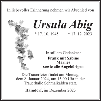 Traueranzeige von Ursula Abig von Südthüringer Presse