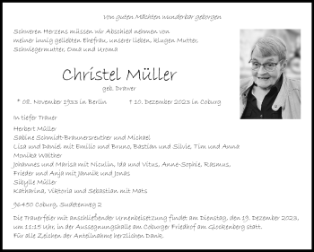 Traueranzeige von Christel Müller von Neue Presse Coburg