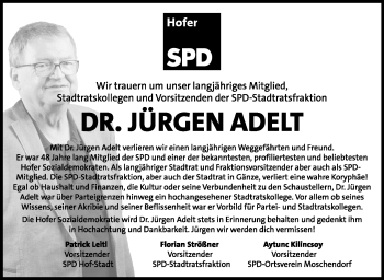 Traueranzeige von Jürgen Adelt von Frankenpost