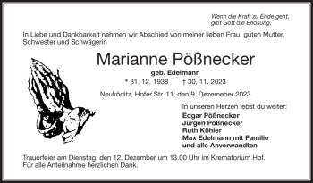 Traueranzeige von Marianne Pößnecker von Frankenpost