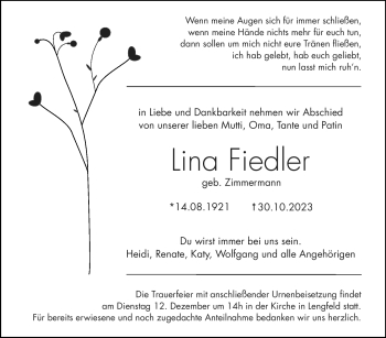 Traueranzeige von Lina Fiedler von Südthüringer Presse