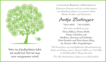 Traueranzeige von Antje Zlatinger von Frankenpost