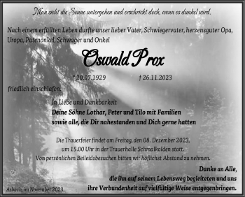 Traueranzeige von Oswald Prox von Südthüringer Presse