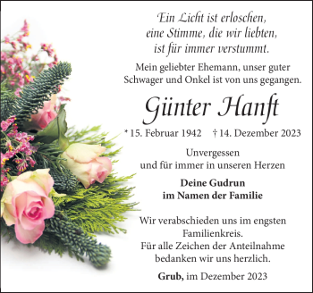 Traueranzeige von Günter Hanft von Südthüringer Presse