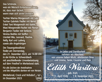 Traueranzeige von Edith Wasilew von Südthüringer Presse