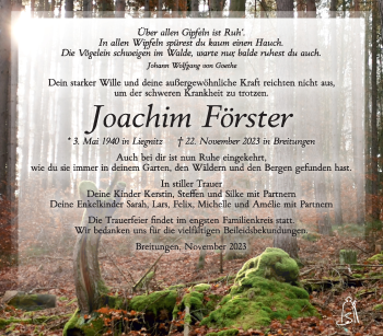 Traueranzeige von Joachim Förster von Südthüringer Presse
