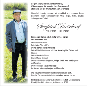 Traueranzeige von Siegfried Dreischarf von Südthüringer Presse