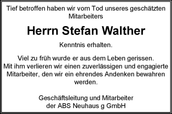 Traueranzeige von Stefan Walther von Südthüringer Presse