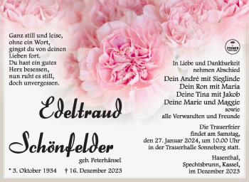 Traueranzeige von Edeltraud Schönfelder von Südthüringer Presse