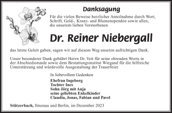 Traueranzeige von Reiner Niebergall von Südthüringer Presse