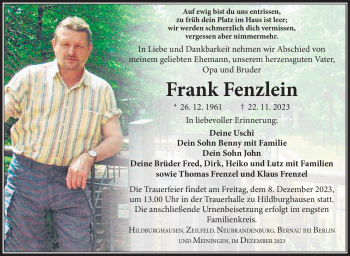 Traueranzeige von Frank Fenzlein von Südthüringer Presse