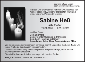 Traueranzeige von Sabine Heß von Südthüringer Presse