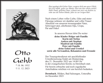 Traueranzeige von Otto Gehb von Südthüringer Presse