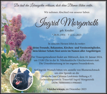 Traueranzeige von Ingrid Morgenroth von Südthüringer Presse