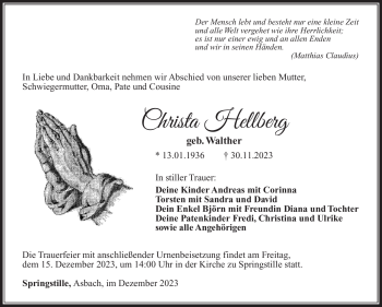 Traueranzeige von Christa Hellberg von Südthüringer Presse