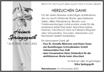 Traueranzeige von Heiner Springsguth von Südthüringer Presse