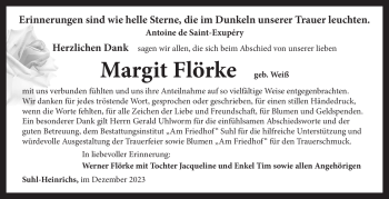 Traueranzeige von Margit Flörke von Südthüringer Presse
