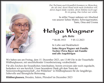 Traueranzeige von HelgaHelga WagnerWagner von Südthüringer Presse