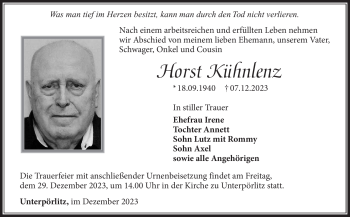 Traueranzeige von Horst Kühnlenz von Südthüringer Presse