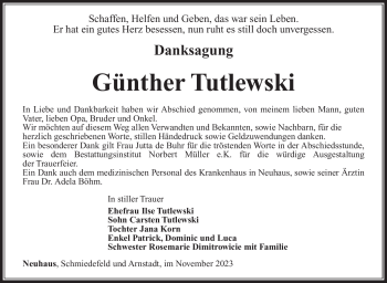 Traueranzeige von Günther Tutlewski von Südthüringer Presse