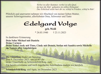 Traueranzeige von Edelgard Volge von Südthüringer Presse