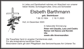 Traueranzeige von Elsbeth Barthmann von Frankenpost
