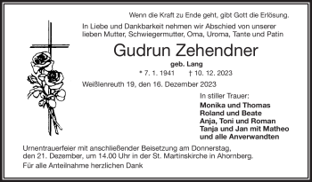 Traueranzeige von Gudrun Zehendner von Frankenpost