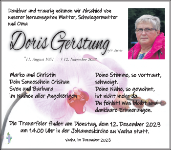Traueranzeige von Doris Gerstung von Südthüringer Presse