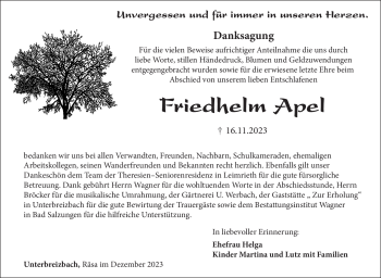 Traueranzeige von Friedhelm Apel von Südthüringer Presse