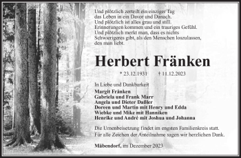 Traueranzeige von Herbert Fränken von Südthüringer Presse