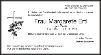 Traueranzeige von Margarete Ertl von Frankenpost