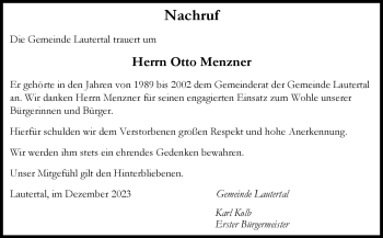 Traueranzeige von Otto Menzner von Neue Presse Coburg