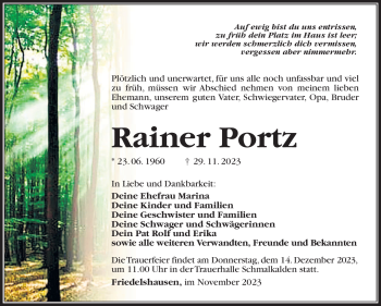 Traueranzeige von Rainer Portz von Südthüringer Presse