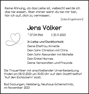 Traueranzeige von Jens Völker von Südthüringer Presse