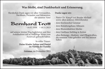 Traueranzeige von Bernhard Trott von Südthüringer Presse