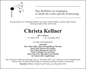 Traueranzeige von Christa Kellner von Südthüringer Presse
