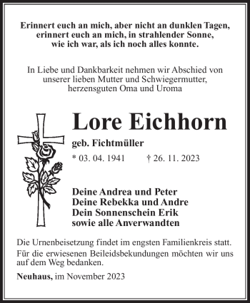 Traueranzeige von Lore Eichhorn von Südthüringer Presse
