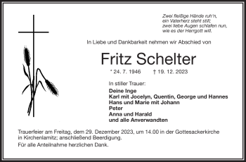 Traueranzeige von Fritz Schelter von Frankenpost