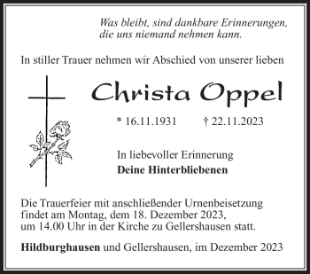 Traueranzeige von Christa Oppel von Südthüringer Presse