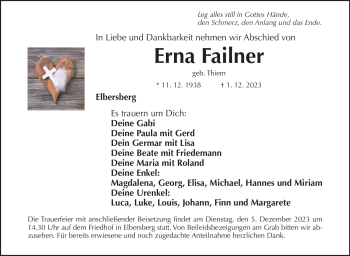 Traueranzeige von Erna Failner von Nordbayerischer Kurier