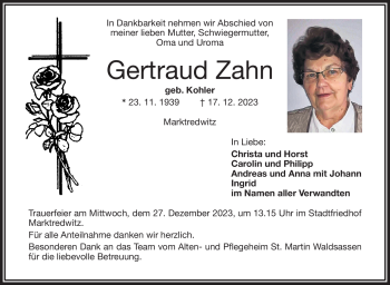 Traueranzeige von Gertraud Zahn von Frankenpost