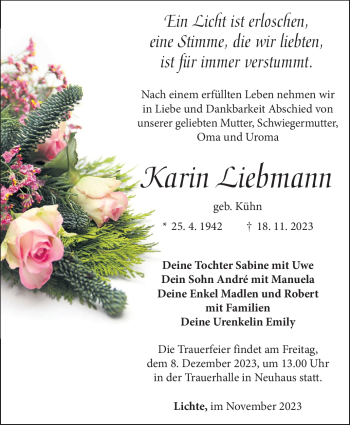 Traueranzeige von Karin Liebmann von Südthüringer Presse